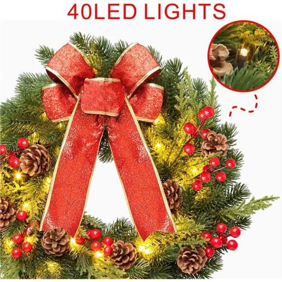 Christmas Wreath 16 inches , with Metal Hanger, Pre-Lit Artificial Christmas - Picture 5 of 7